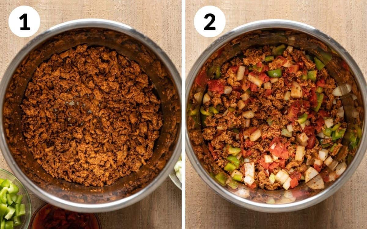 steps 1 & 2 turkey browned in instant pot vegetables added to turkey