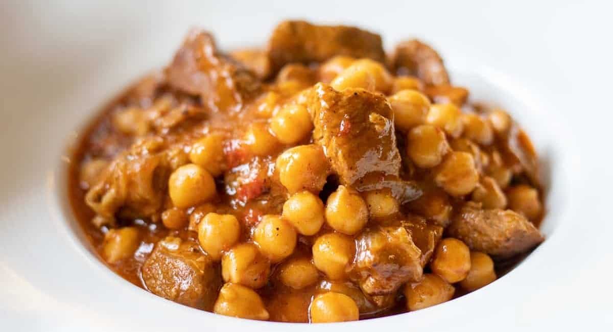 Up close image of Turkish lamb stew with chickpeas.
