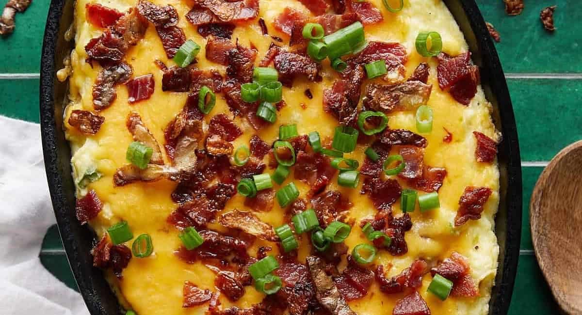 Overhead image of twice baked mashed potatoes.