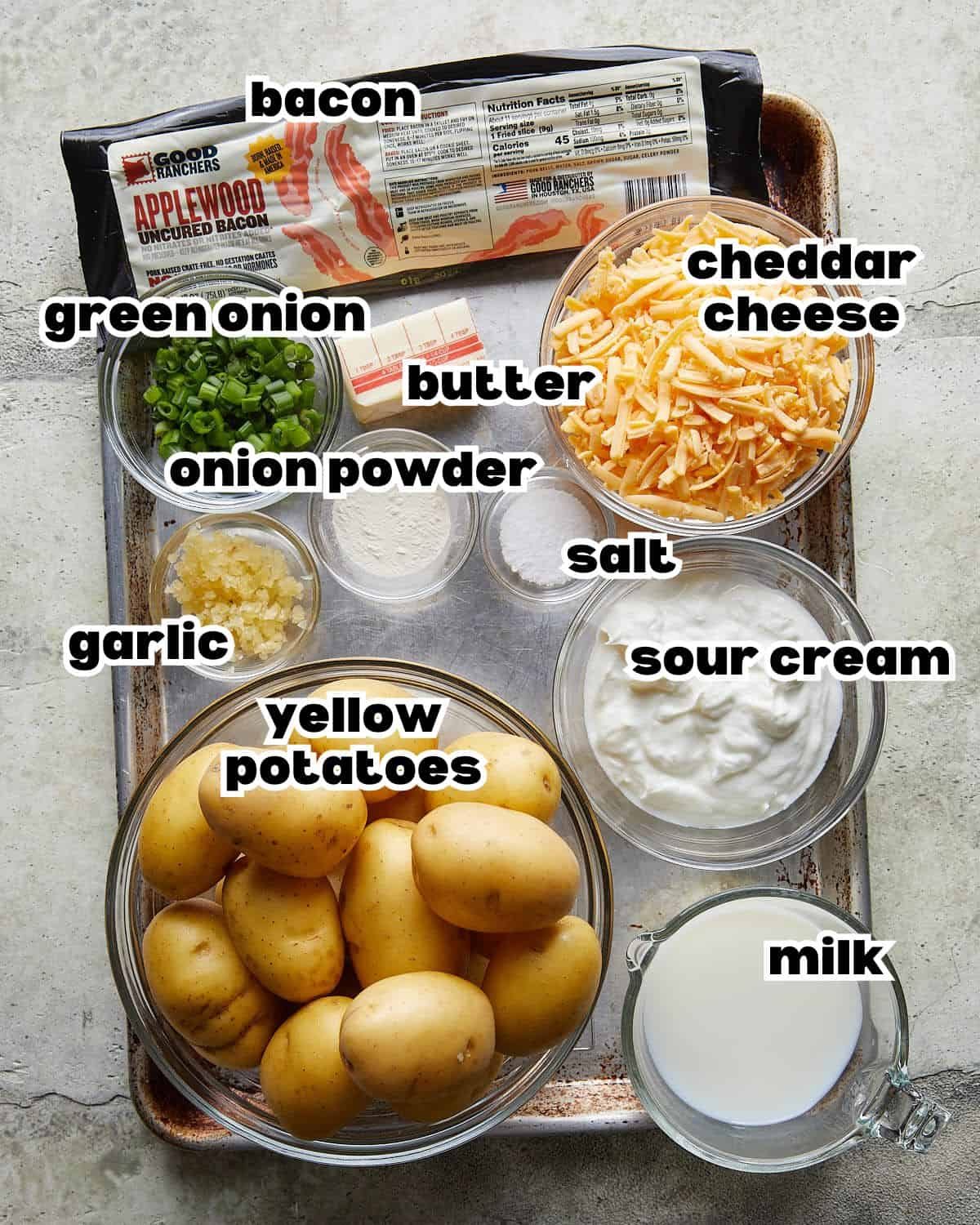 Overhead image of ingredients needed to make twice baked mashed potatoes.