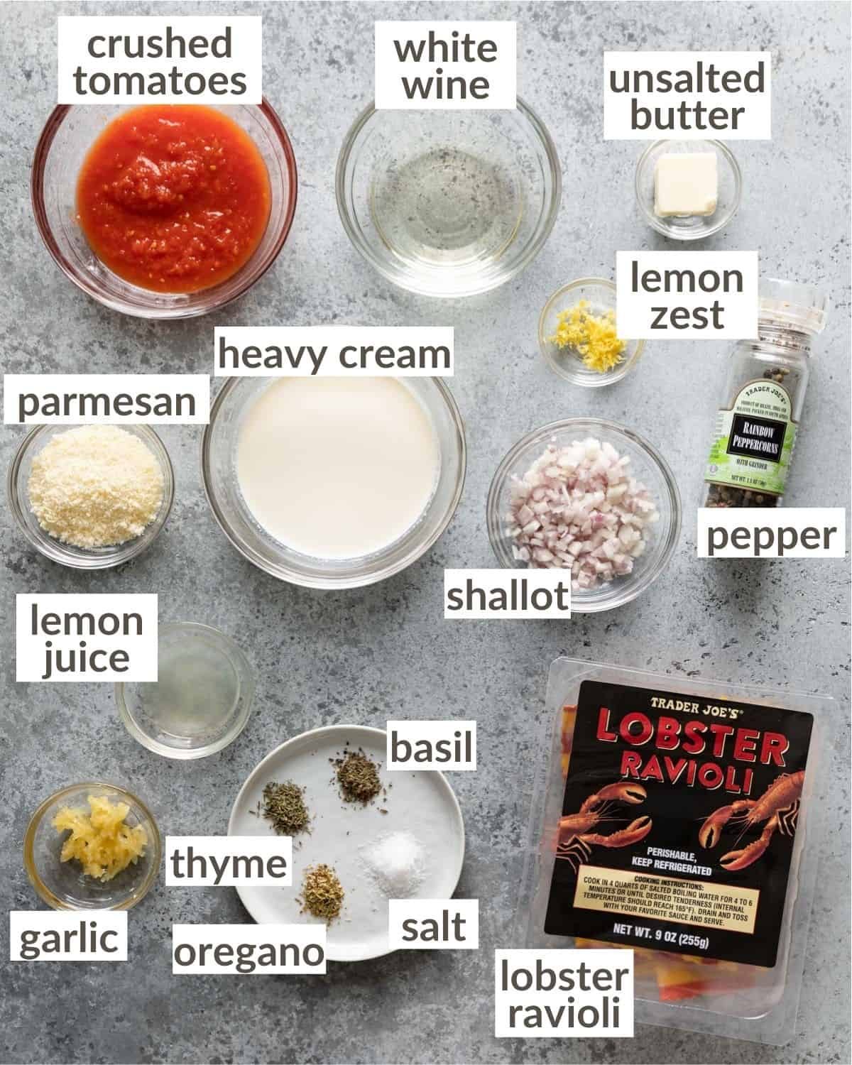 Ingredients needed to make lobster ravioli sauce.