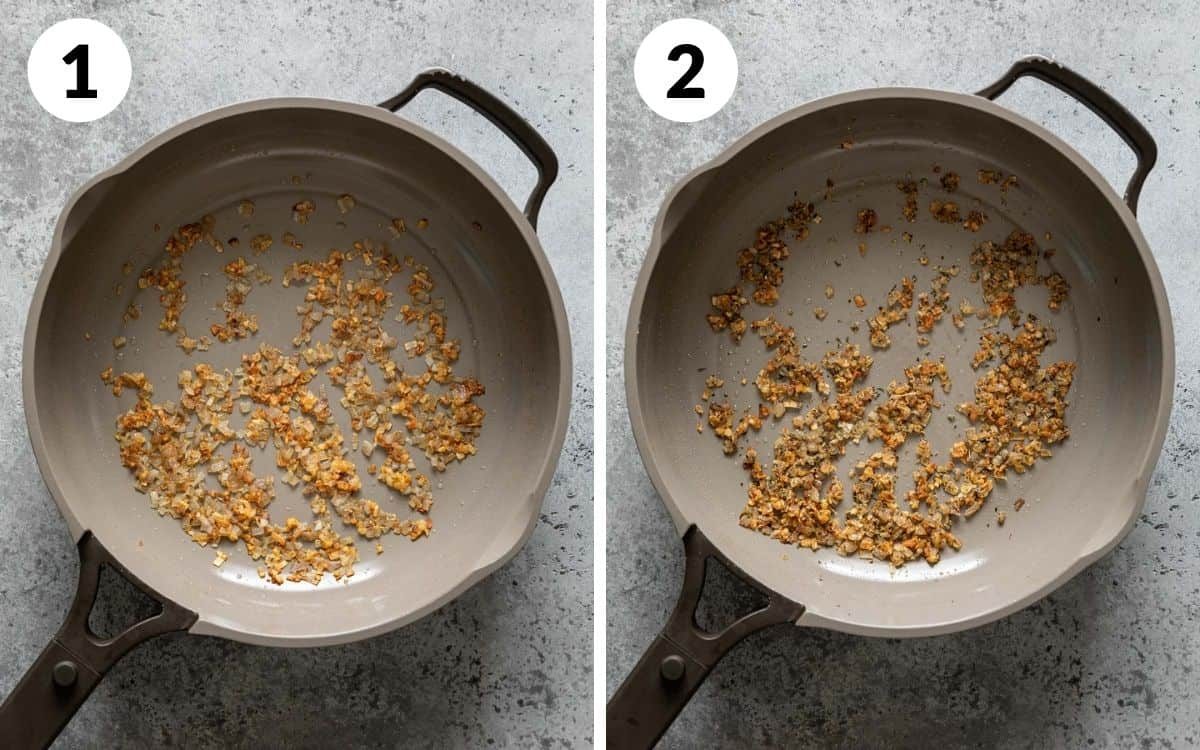 A 2 photo collage showing how to brown the garlic and shallot.