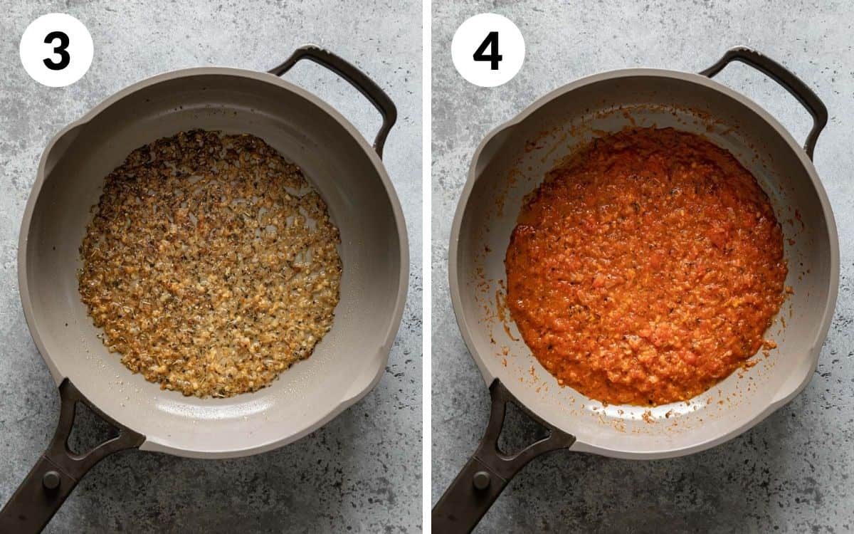 A 2 photo collage showing how to deglaze the pan.