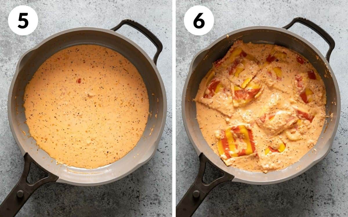 A 2 photo collage showing the finished sauce and lobster ravioli.