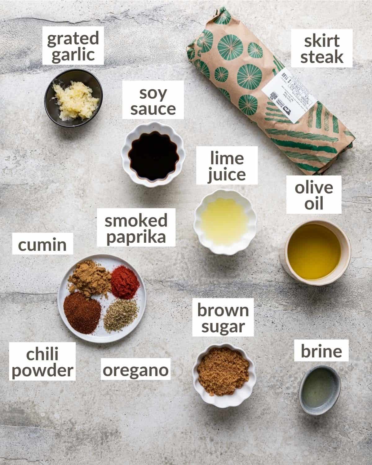 overhead of ingredients for marinade and steak