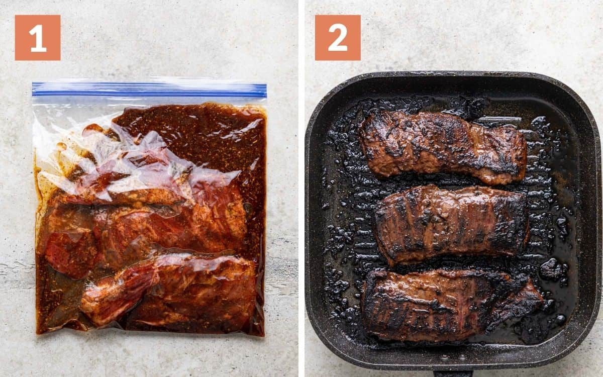 steps 1 & 2 meat in marinade grilled meat in grill pan