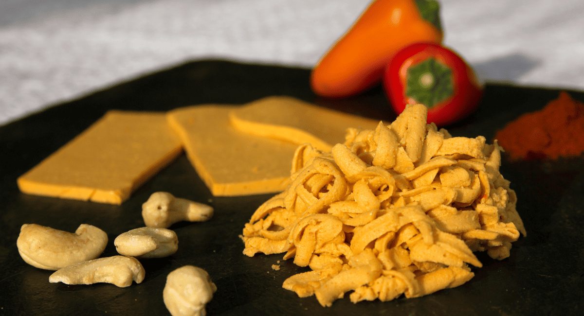 Up close image of vegan cheddar cheese.