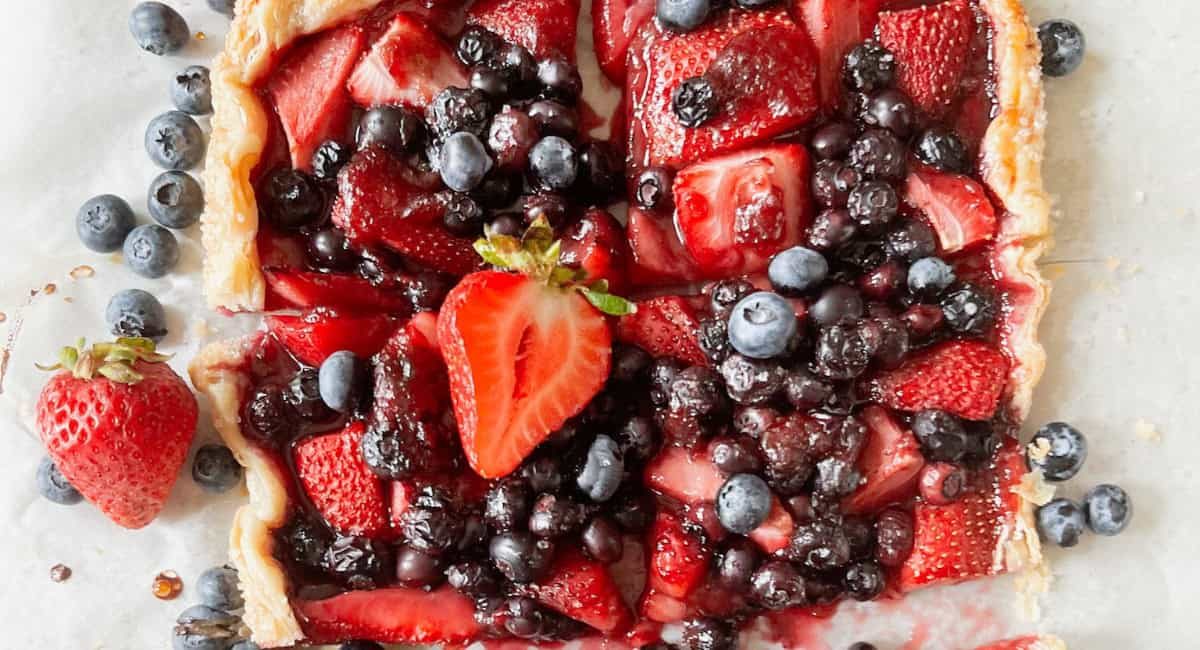 Overhead image of puff pastry with fruit tart.