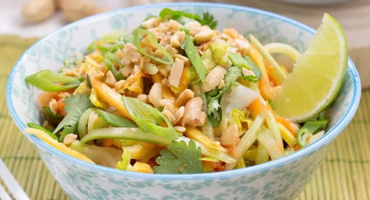 Up close image of Vietnamese papaya salad.