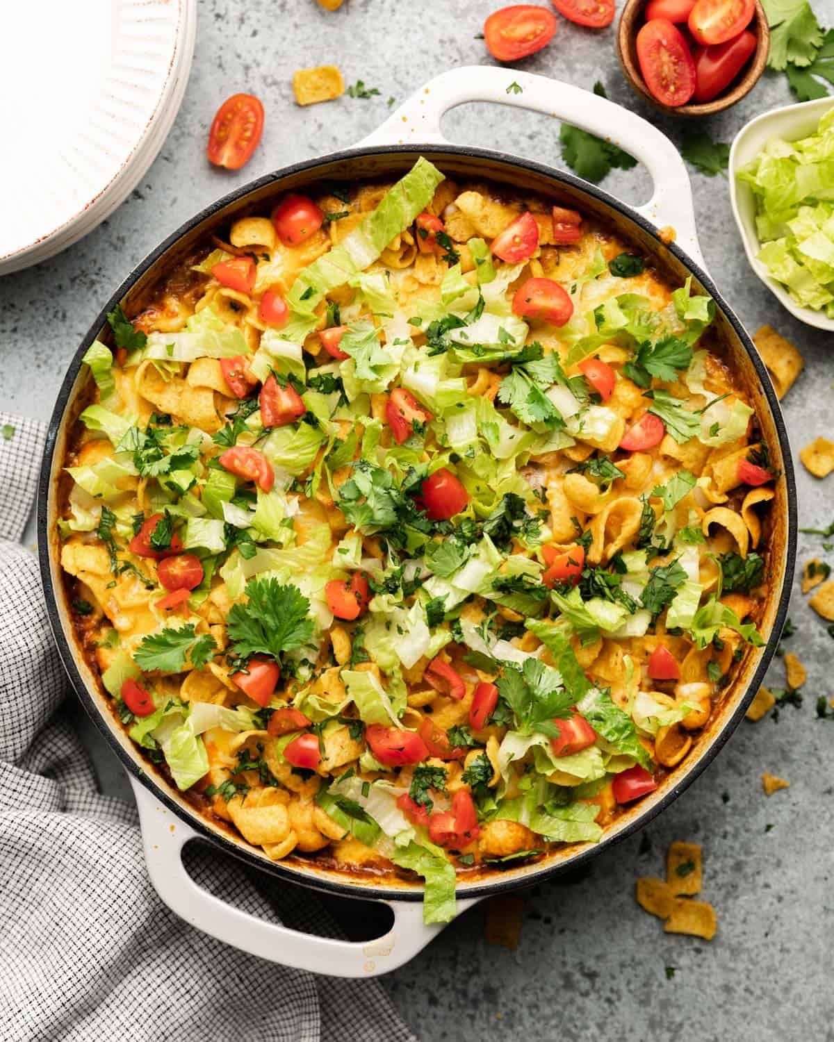 overhead of garnished casserole