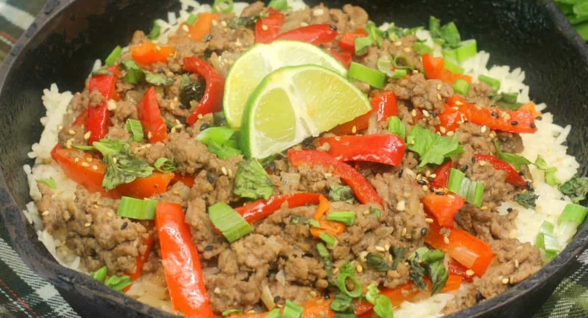 Overhead image of Thai basil beef recipe.