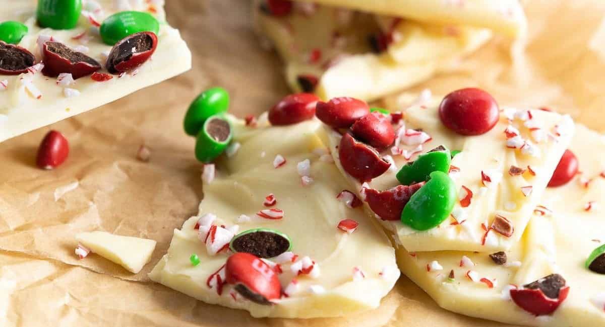 Up close image of white chocolate peppermint Christmas crack.