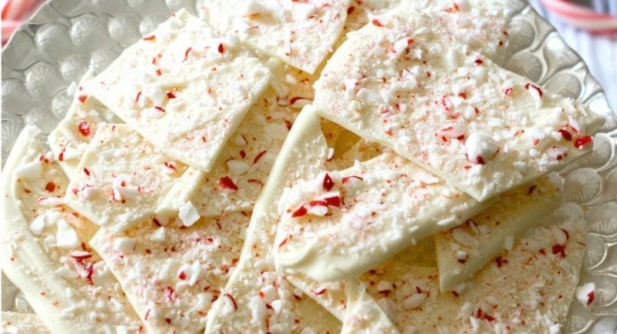 Overhead image of white chocolate peppermint bark.