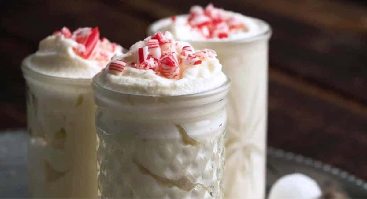 Up close image of white chocolate peppermint mousse.