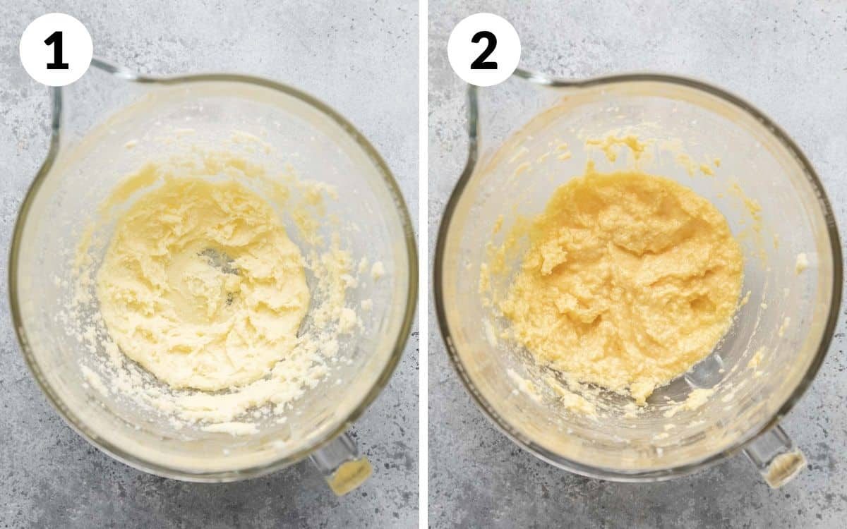 steps 1 & 2 butter and sugar creamed eggs and vanilla added to creamed mixture