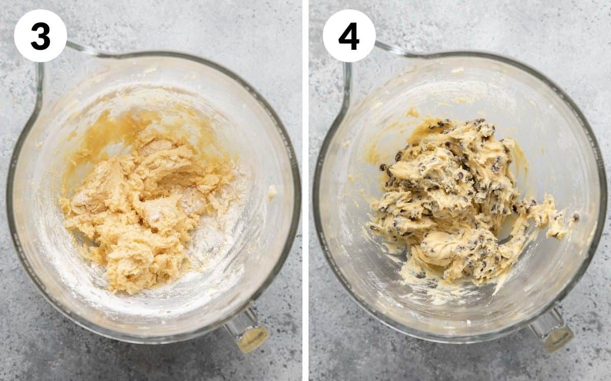 steps 3 & 4 dry ingredients added with flour showing in dough chocolate chips stirred into dough no more flour showing