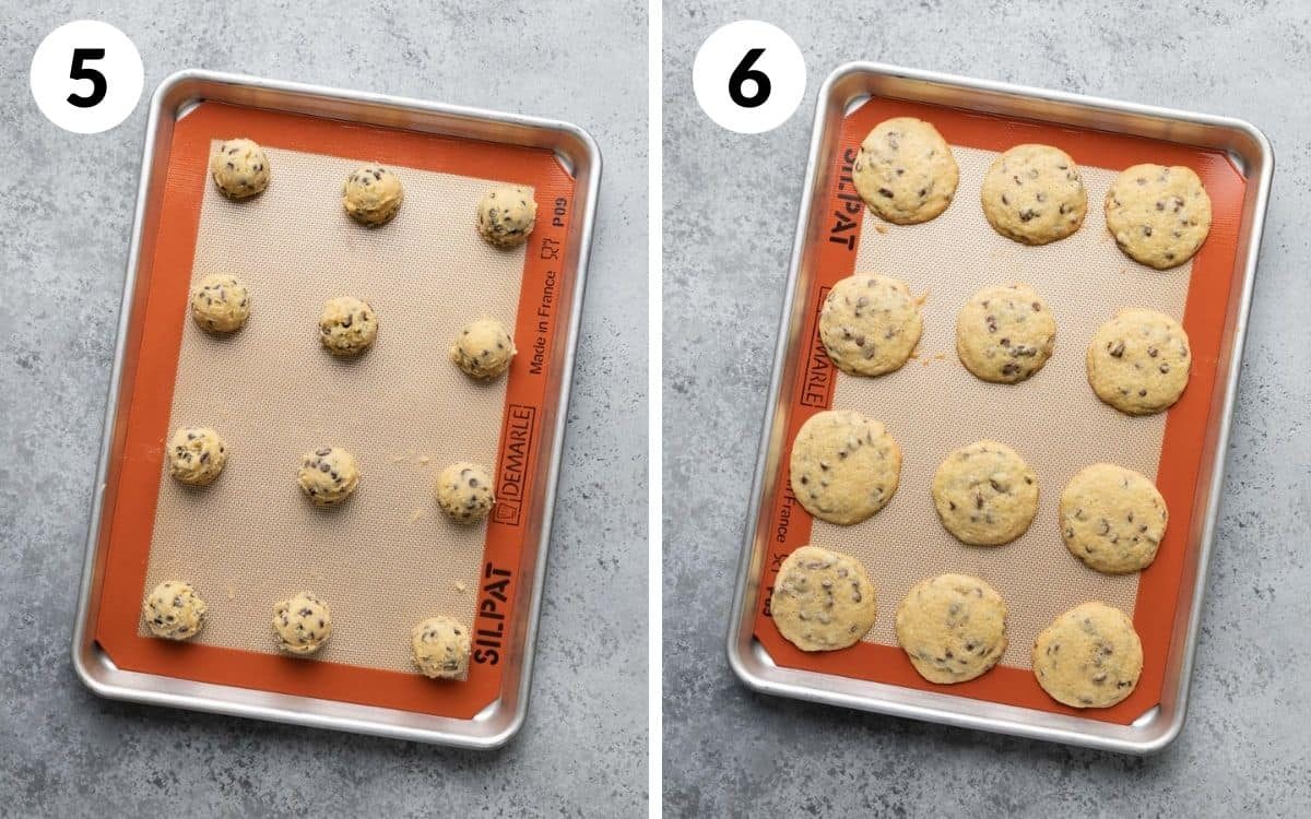 steps 5 & 6 cookie dough scooped on sheet baked cookies on sheet