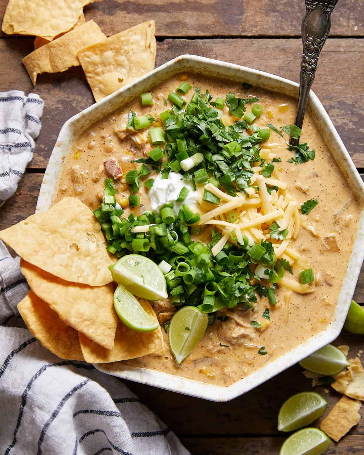 Overhead image of cream cheese chicken chili with garnish.