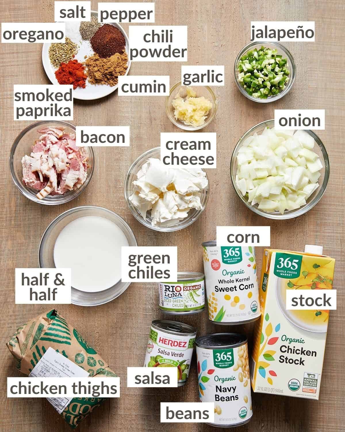 Overhead image of ingredients needed to make cream cheese chicken chili.