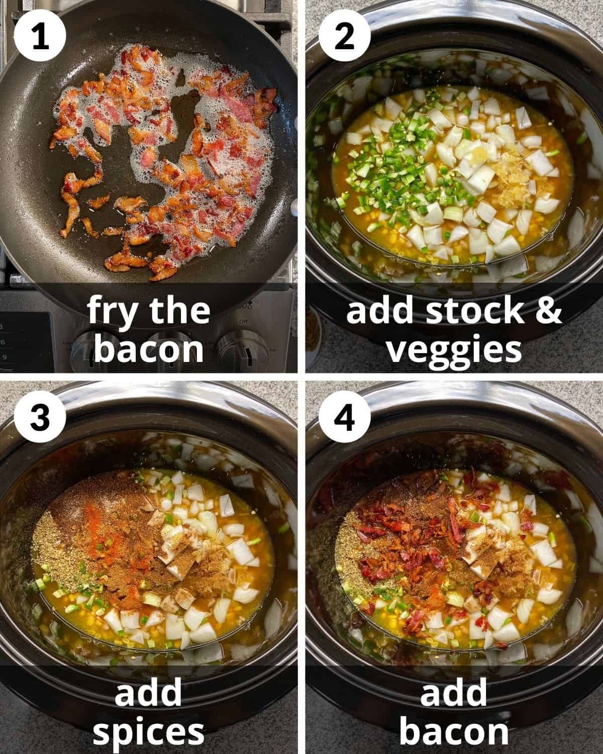 A 4 photo collage showing the beginning steps to making cream cheese chicken chili.