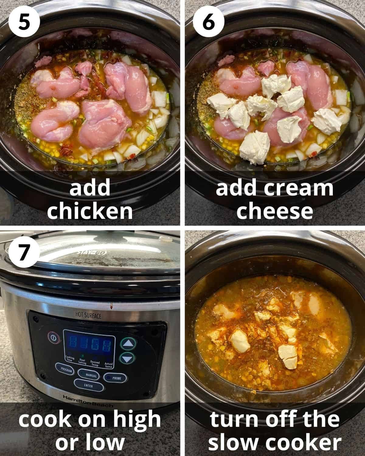 A 4 photo collage showing the middle steps for cream cheese chicken chili.