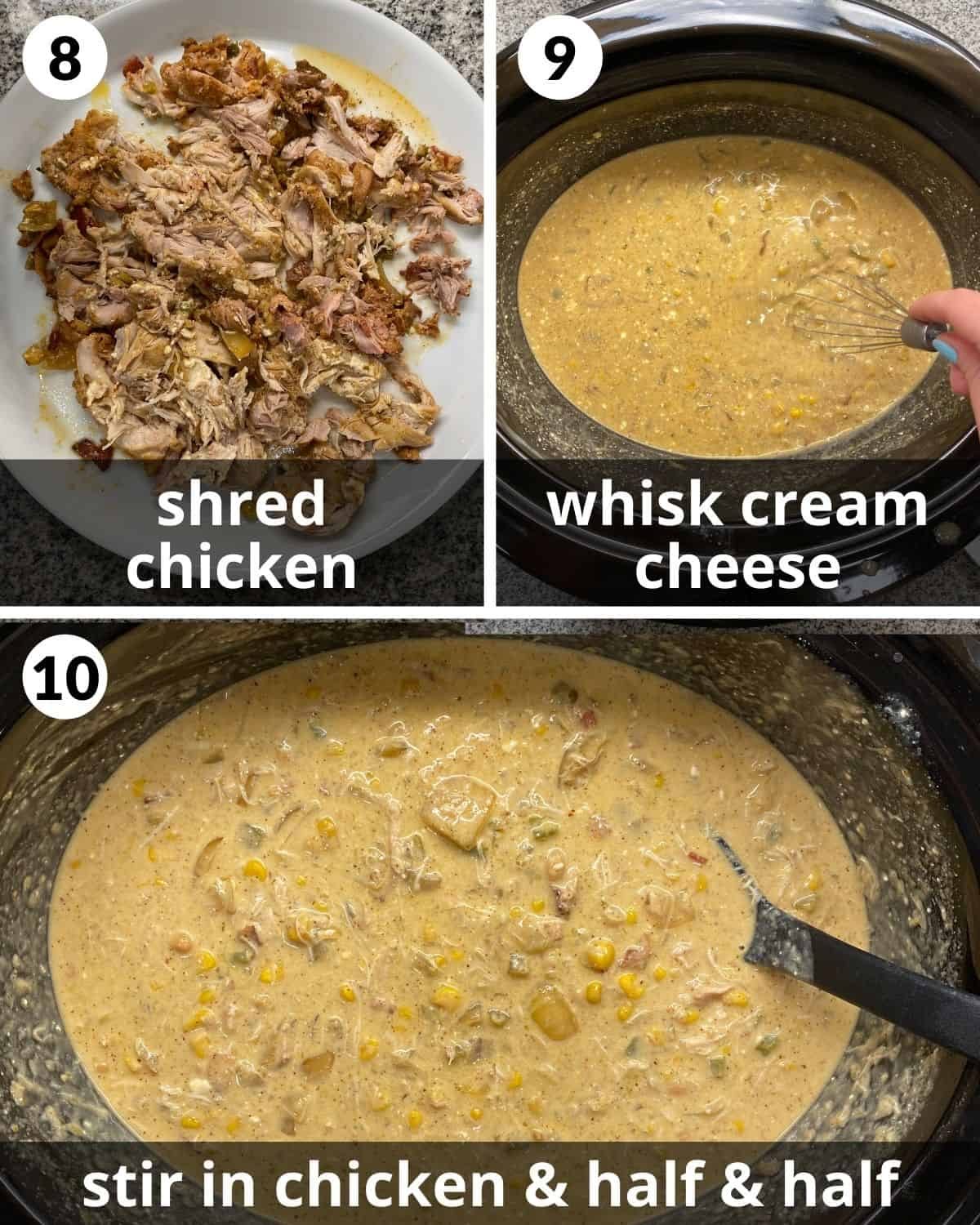 A 3 photo collage showing the final assembly of cream cheese chicken chili.