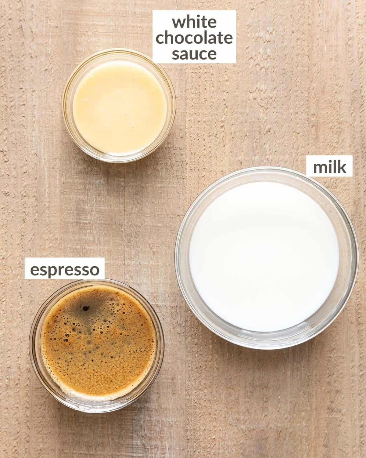overhead of ingredients for iced white chocolate mocha copycat recipe
