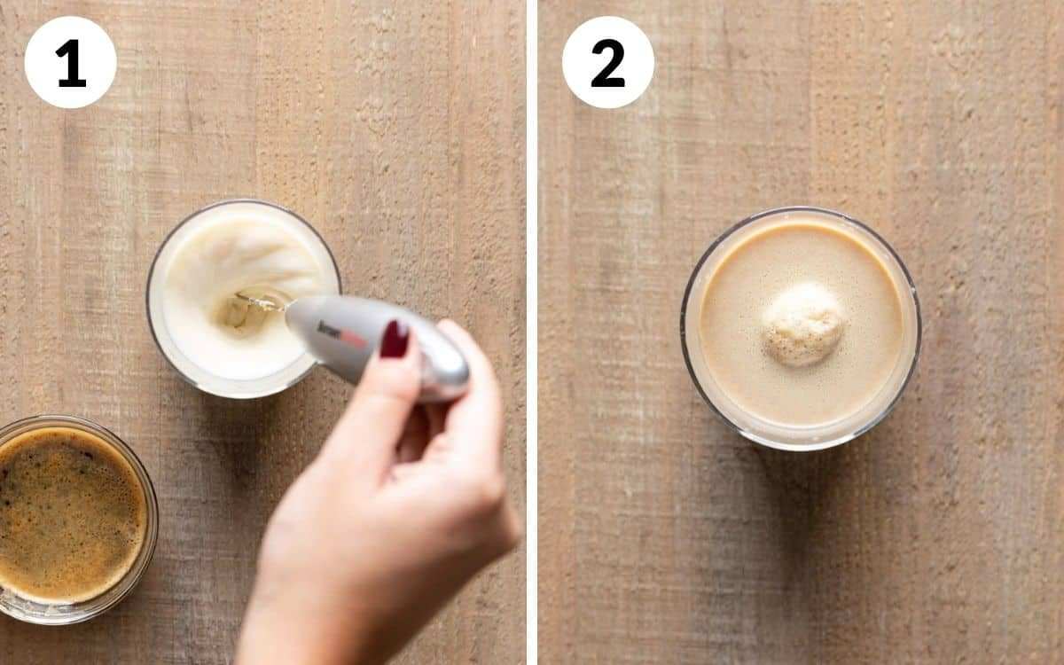 steps 1 & 2 milk being frothed milk and espresso combined in glass