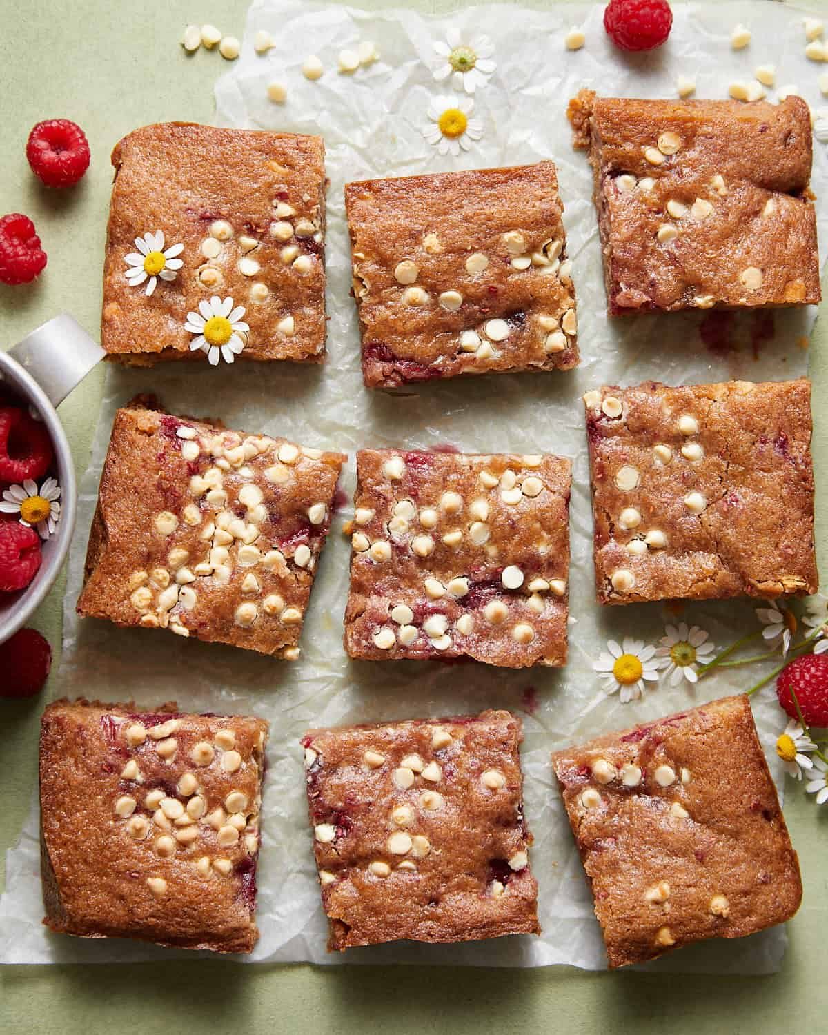 Overhead image of white chocolate and raspberry blondies.