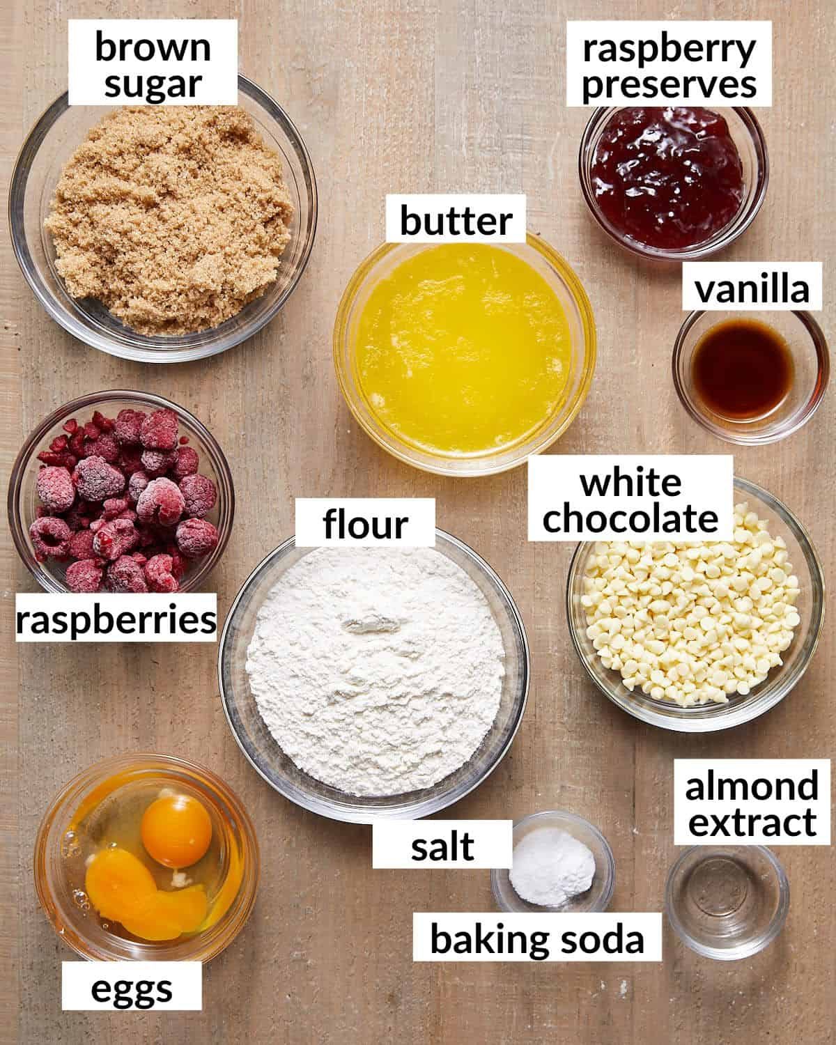 Overhead image of ingredients needed for white chocolate and raspberry blondies.