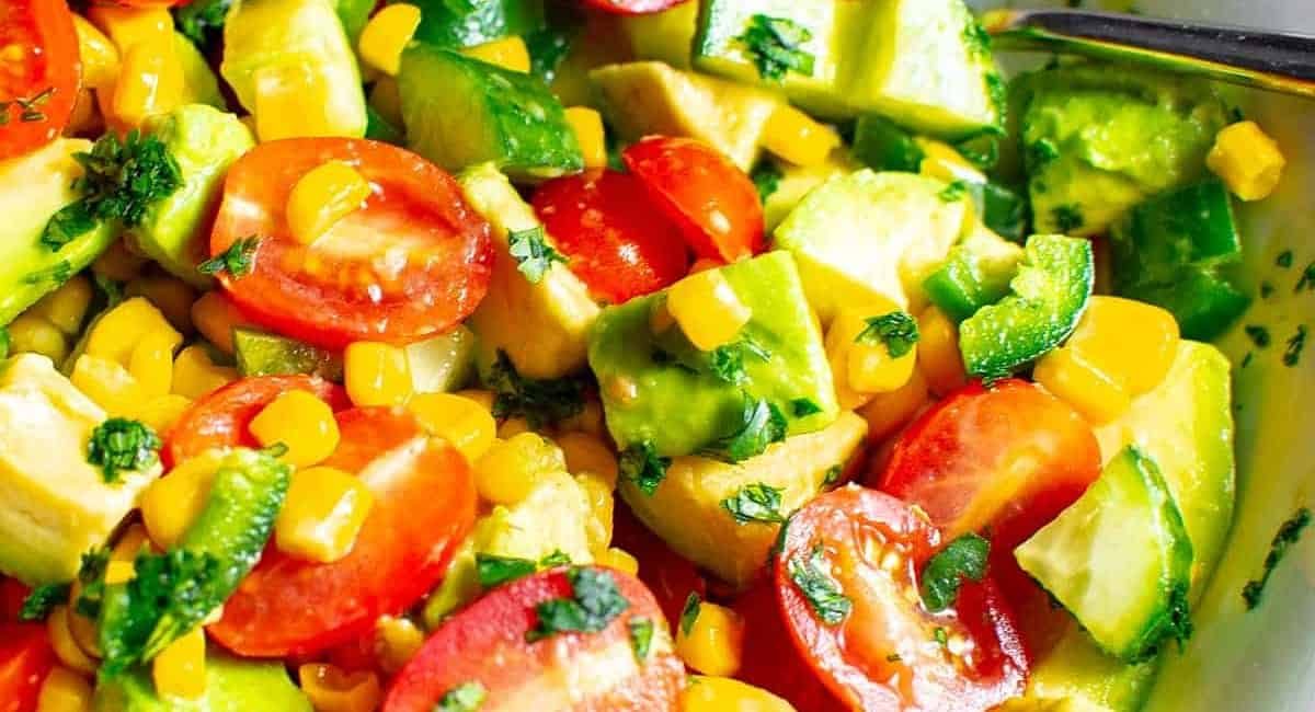 Up close image of avocado corn salad.