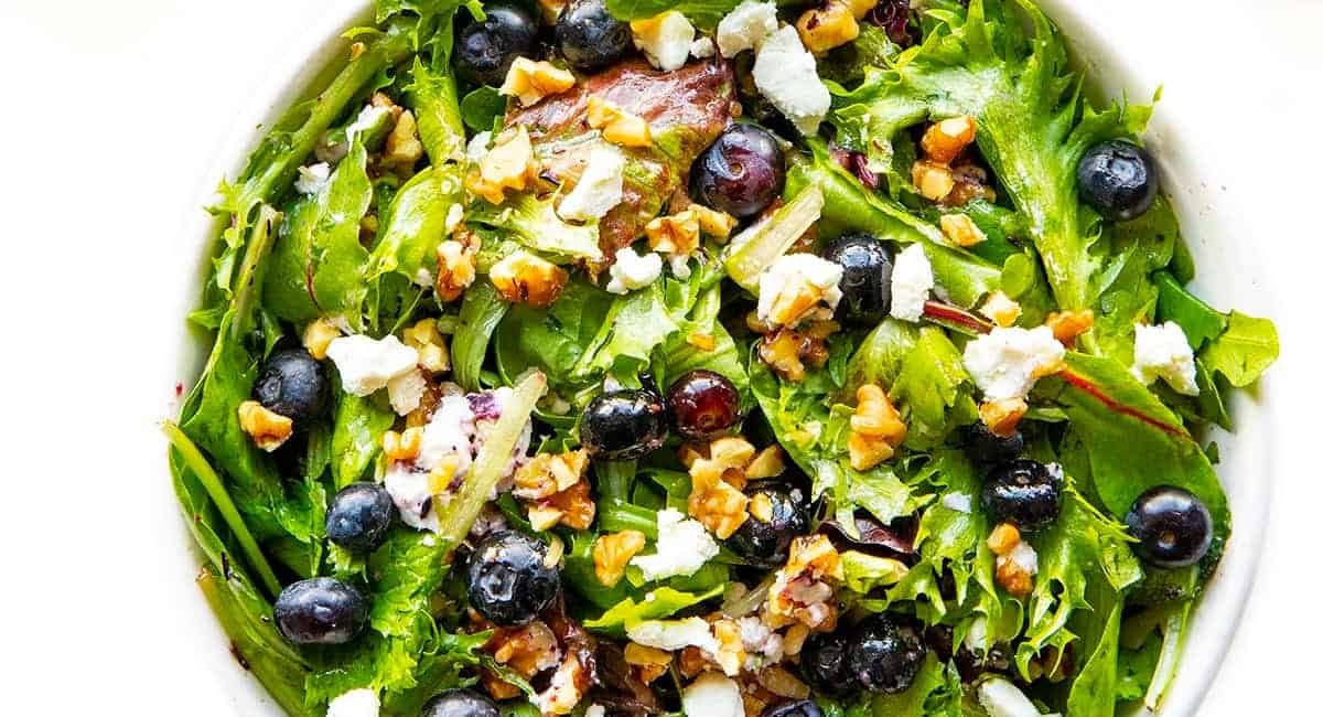 Overhead image of spring mix salad.