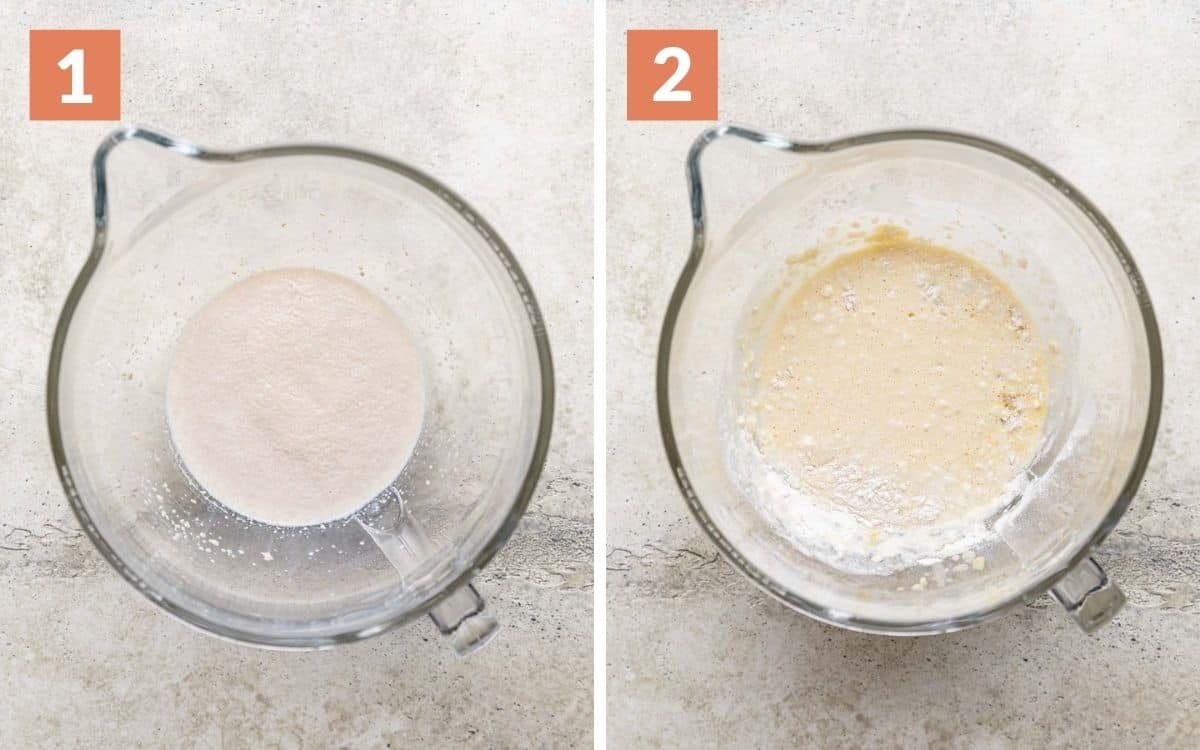steps 1 & 2 frothy yeast mixture wet ingredients in mixer