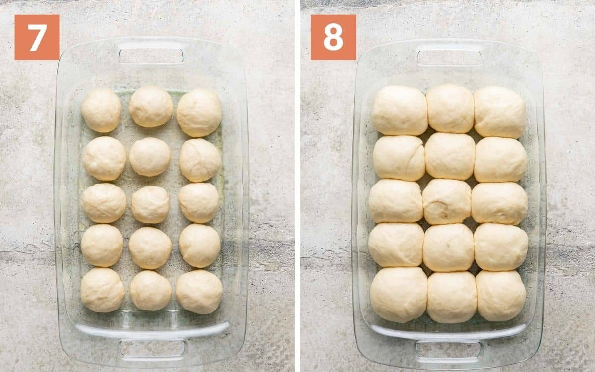 steps 7 & 8 dough balls in baking dish risen Old Fashioned Yeast Rolls Recipe in baking dish