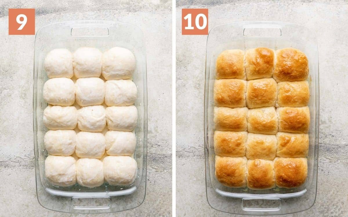 steps 9 & 10 roll brushed with cream finished Old Fashioned Yeast Rolls Recipe with honey butter