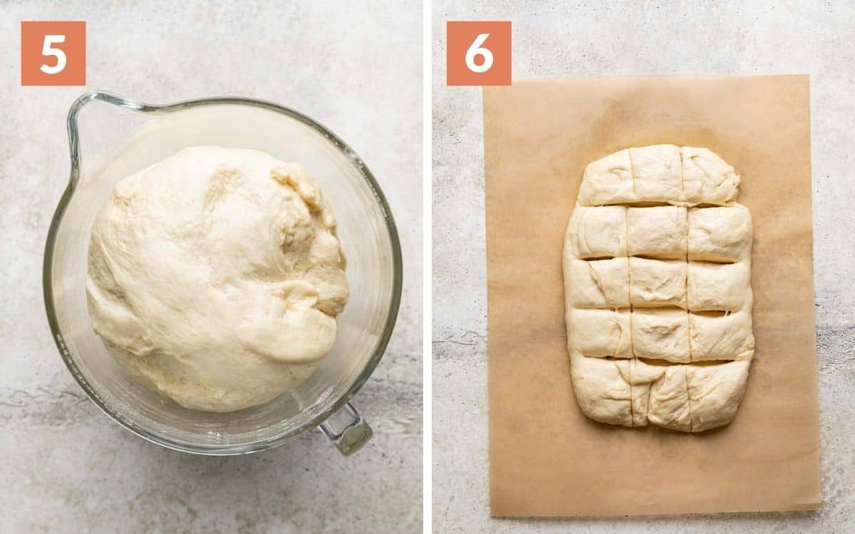 steps 5 & 6 risen dough for Old Fashioned Yeast Rolls Recipe dough divided in 15 sqaures
