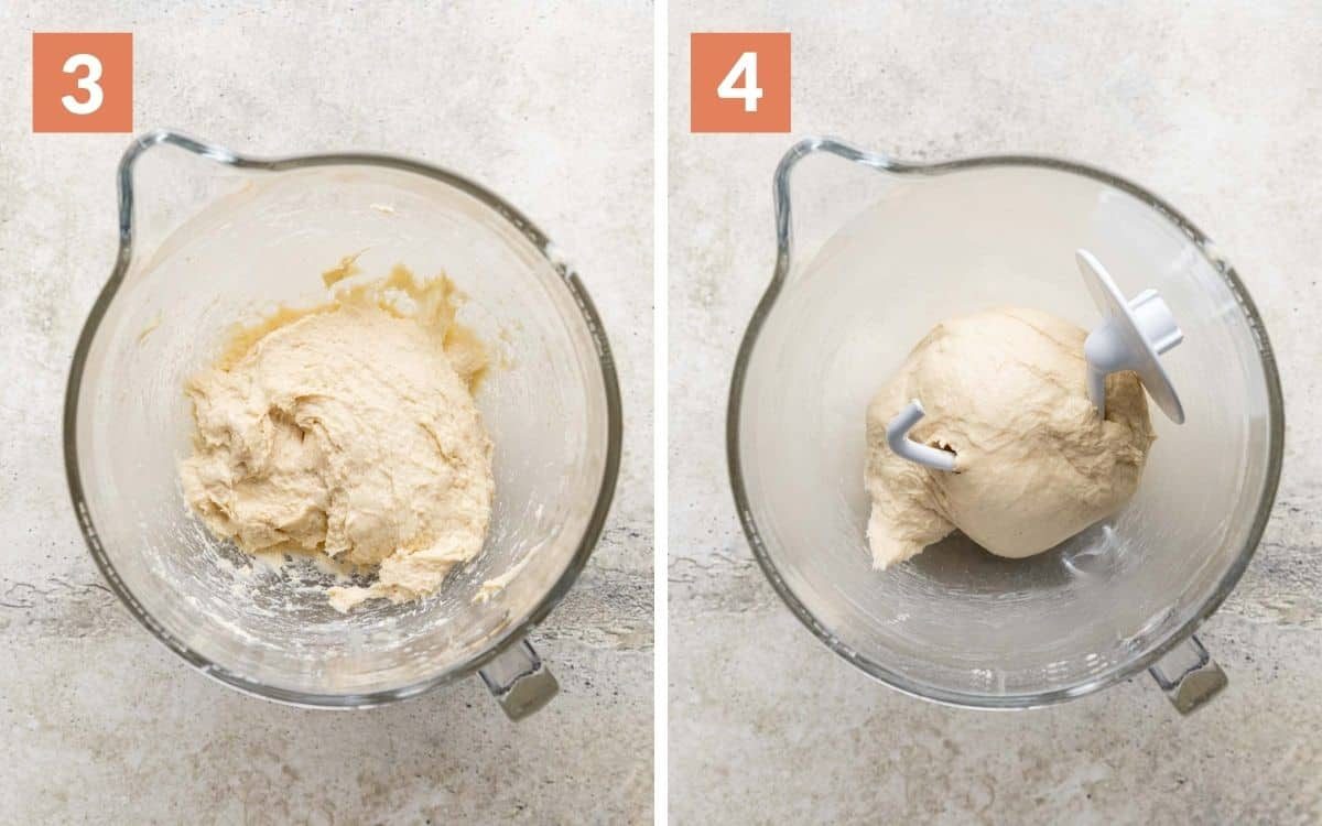 steps 3 & 4 sticky dough kneaded dough around dough hook