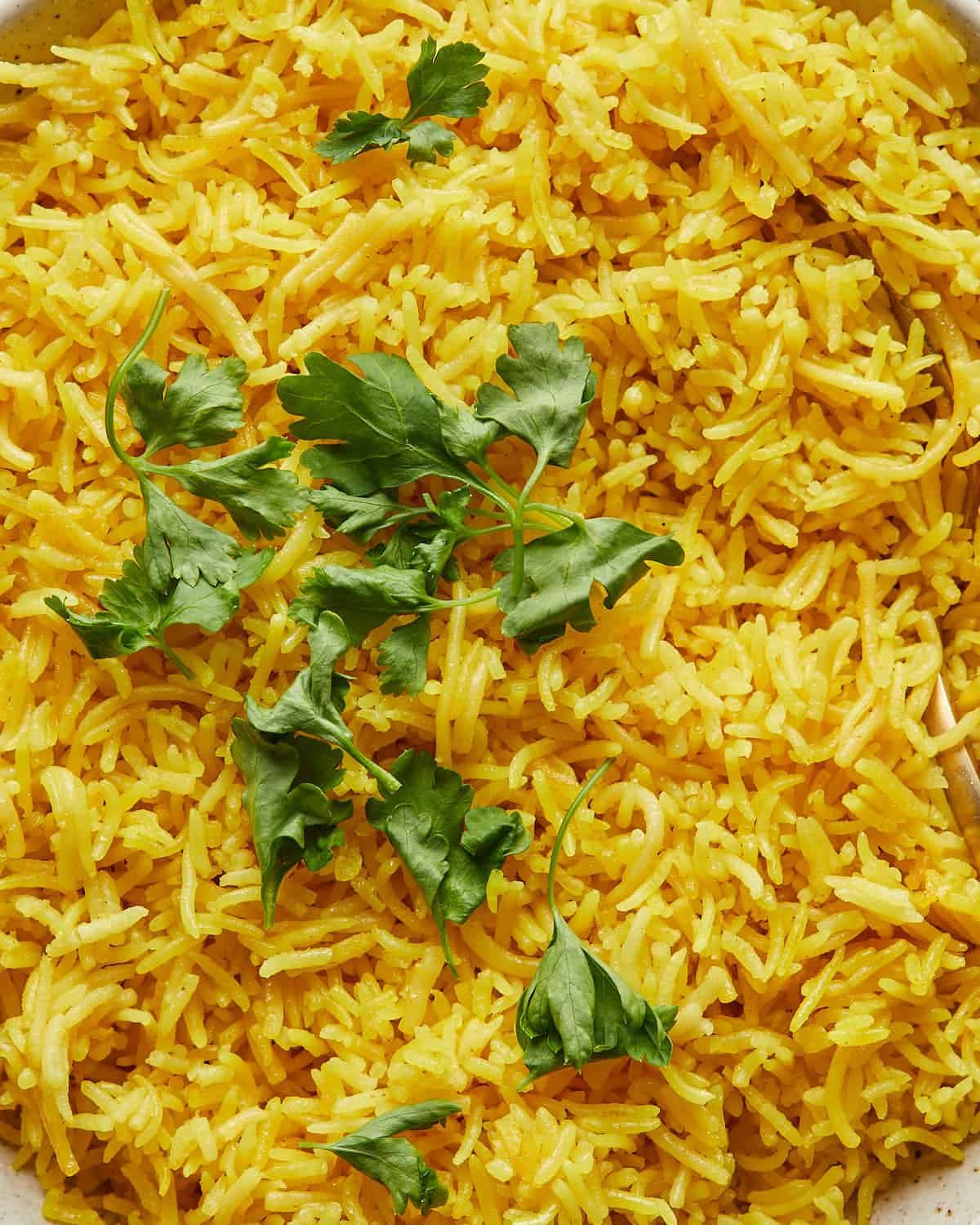 Up close overhead image of yellow rice recipe.
