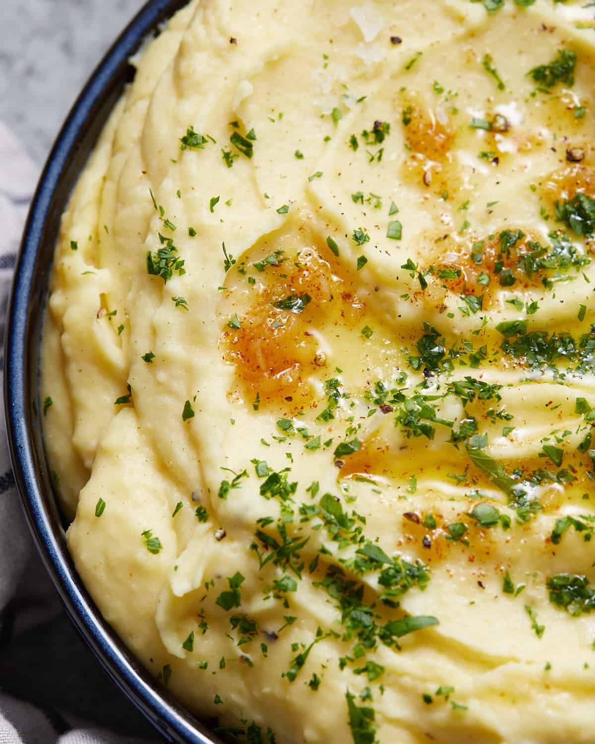 Up close image of yukon gold mashed potatoes.