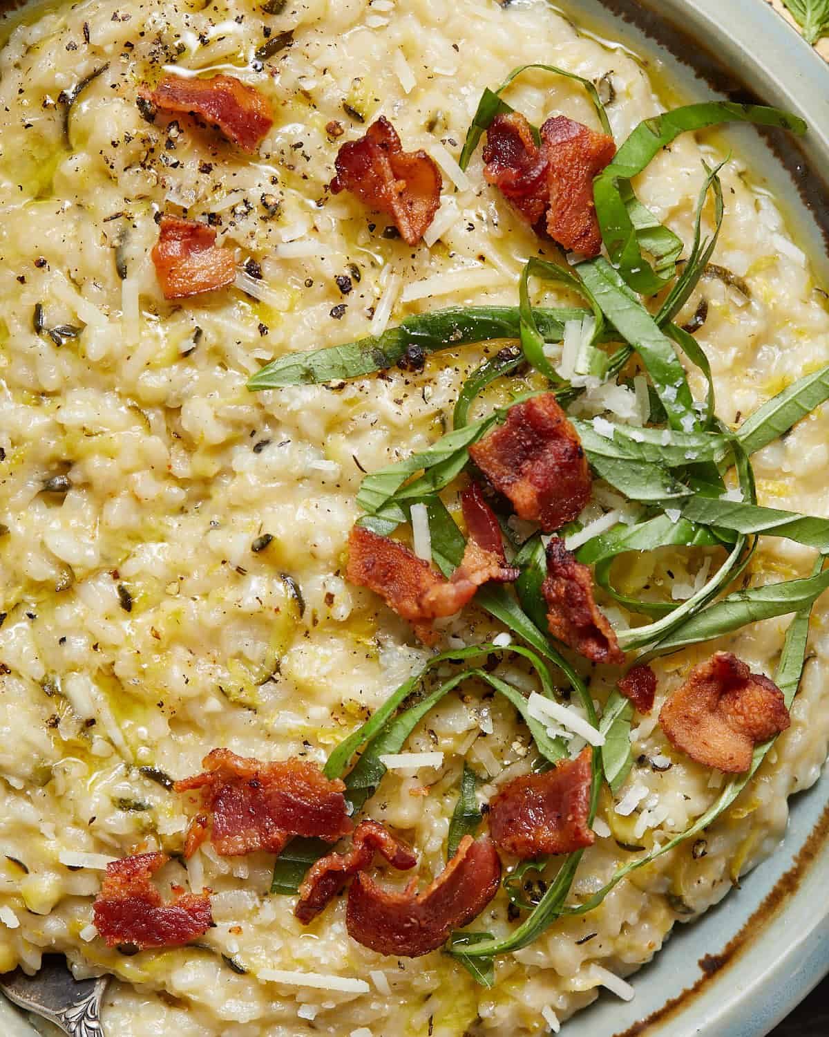 Up close image of zucchini risotto with garnish.