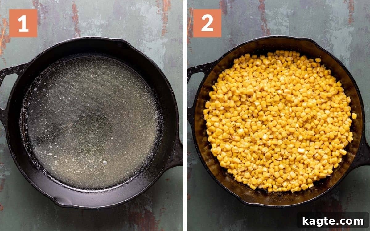 Crispy Cast Iron Corn 4 steps 1 & 2 melted butter and oil in skillet corn without liquid in skillet