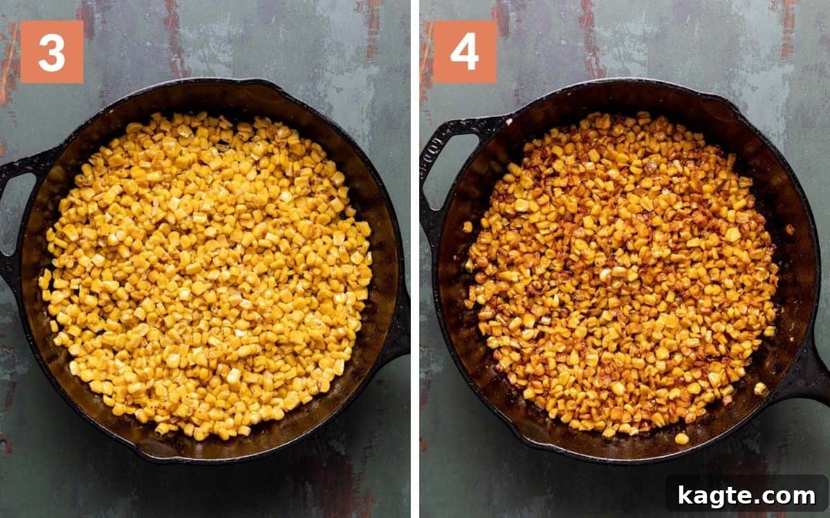 Crispy Cast Iron Corn 5 steps 3 & 4 corn after 15 minutes more of cooking finished cast iron corn with golden color