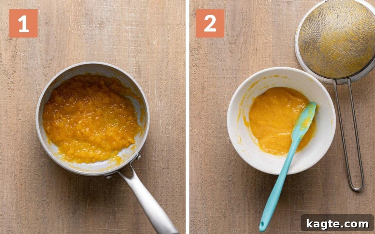 Sun-Kissed Peach Mule 4 Two images side by side: one showing cooked peaches simmering in a pan, and the other showing smooth peach puree in a bowl after straining.
