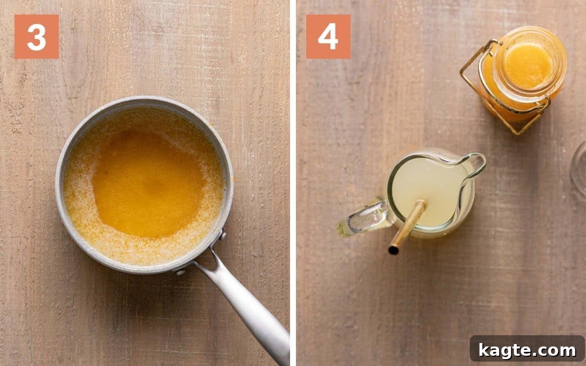 Sun-Kissed Peach Mule 5 Two images side by side: one showing peach syrup simmering in a pan, and the other showing a finished Peach Moscow Mule in a pitcher ready to serve.