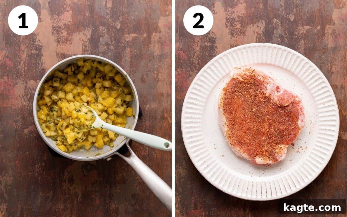 Two step images: Left shows apple and peach salsa simmering in a saucepan. Right shows raw pork chops coated with a dry rub.