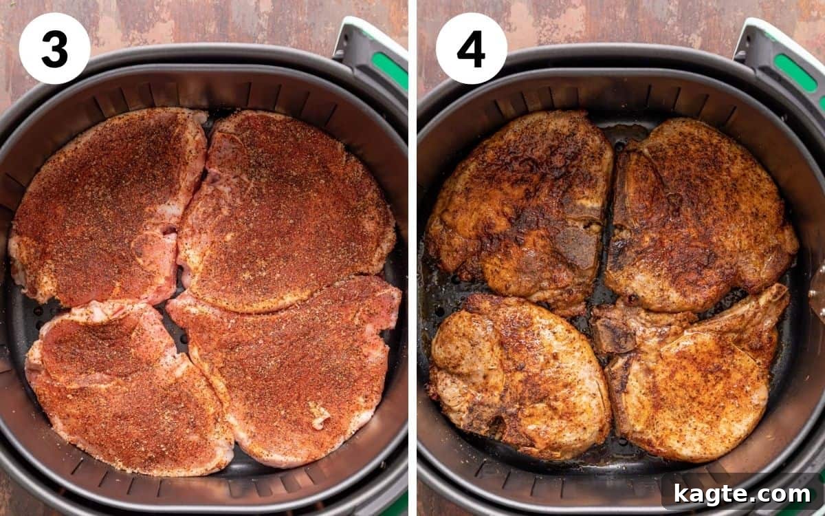 Two step images: Left shows seasoned raw pork chops arranged in a single layer in an air fryer basket. Right shows cooked, golden-brown pork chops resting in the air fryer basket.
