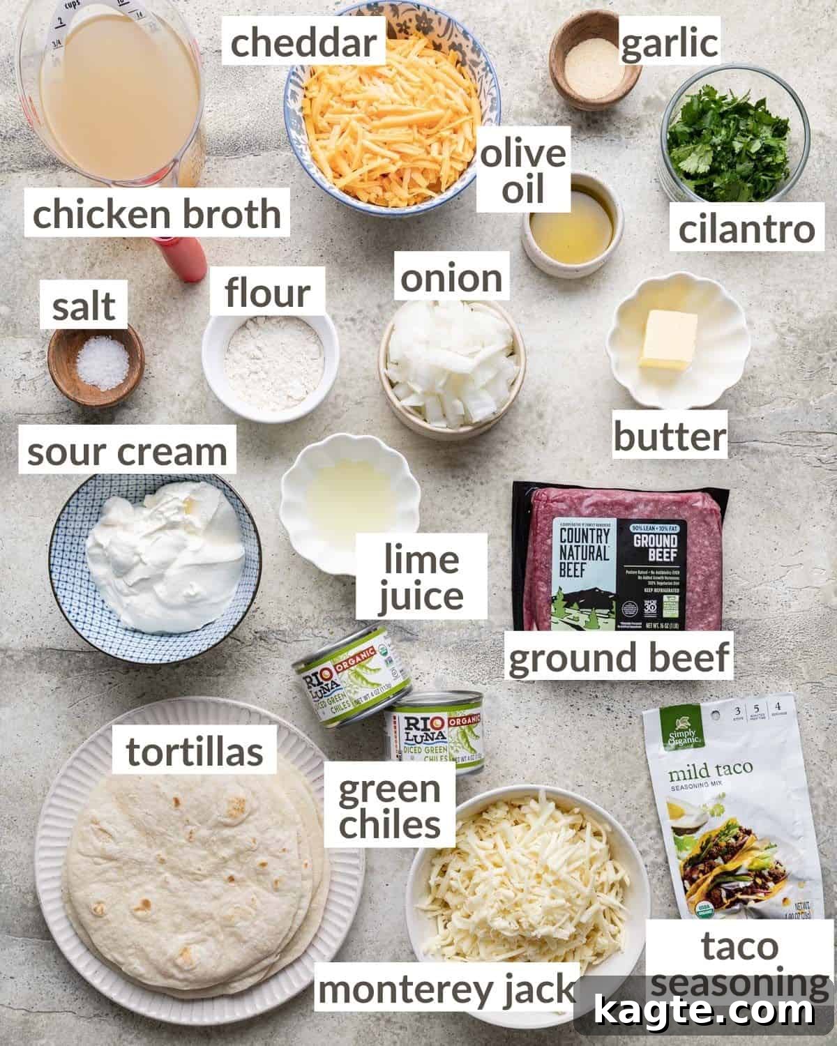 Ingredients needed to make green chili beef enchiladas with white sauce.
