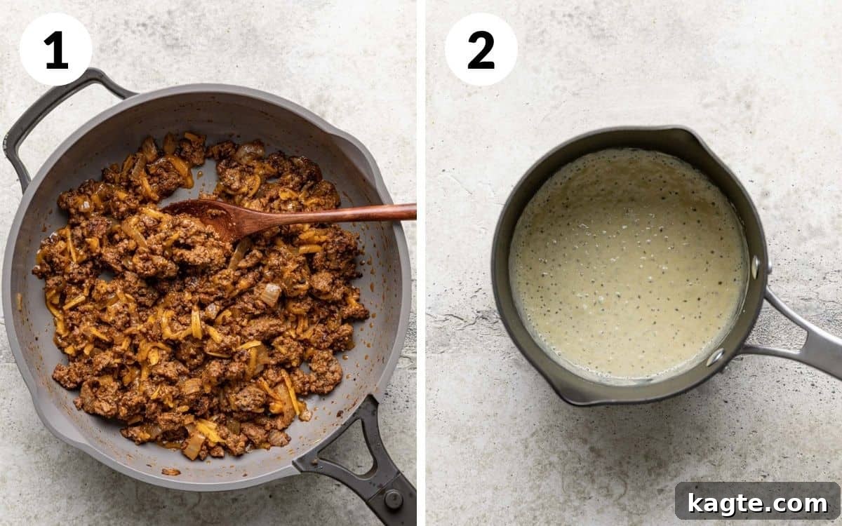 steps 1 & 2
meat in skillet
butter and flour in saucepan 