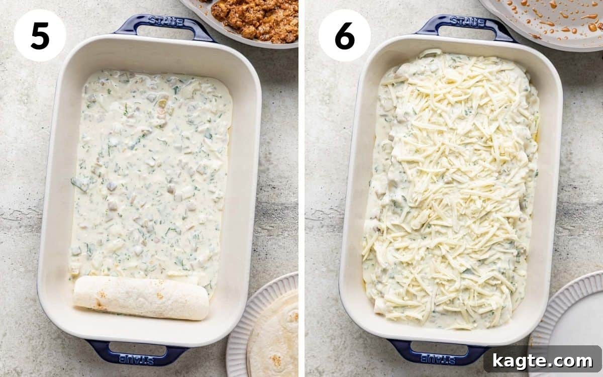 steps 5 & 6
sauce in bottom on pan with one rolled enchilada 
unbaked pan of enchiladas with sauce on top