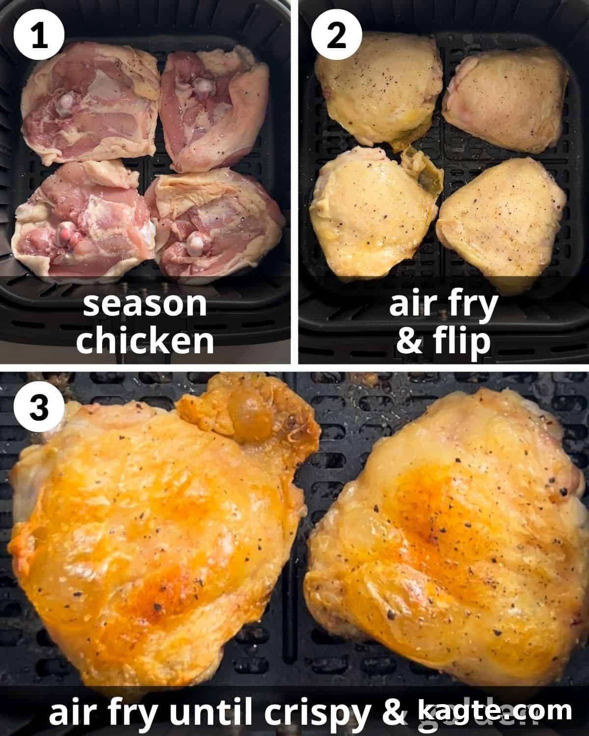 Easy Air Fryer Teriyaki Chicken 4 A 3 photo collage showing how to make crispy bone in chicken thighs in the air fryer. The images show chicken thighs being placed in the air fryer, flipped halfway through, and finally, perfectly crispy.